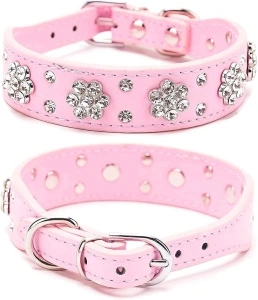 Rhinestone Dog Collar, Cute Flower Rhinestone Cat Dog Collar Bling Collar PU Leather Collar Adjustable Sizes Small Medium Large (S, Pink)