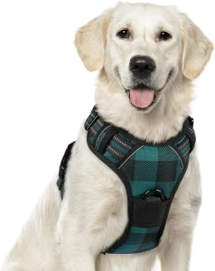 rabbitgoo Dog Harness for Large Dogs No Pull, Comfortable Padded Plaid Dog Harness with Handle Easy Control, Adjustable Reflective Puppy Pet Harness Vest with 2 Leash Clips, Green Plaid, XL