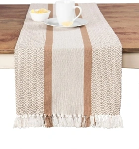 Table Runner Cotton Farmhouse Boho 14 in x 72 in, Table Décor for Kitchen or Dining, Tan Cloth Woven Striped Table Runners, Oeko-Tex Cotton