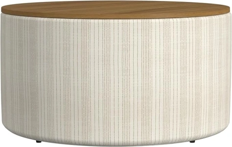 HomePop Modern Fabric Storage Ottoman with Wood Top -Marigold Pinstripe Cream Fabric