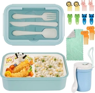 FACULX 17 Pieces Box Lunch Box Kit, Large Insulated Lunch Bag 3 Layer Stackable Leakproof Lunch Box Containers with Cup,Lunch Bag,Spoon,Fork, Box for Kids, Reusable Dishwasher Safe(Blue)