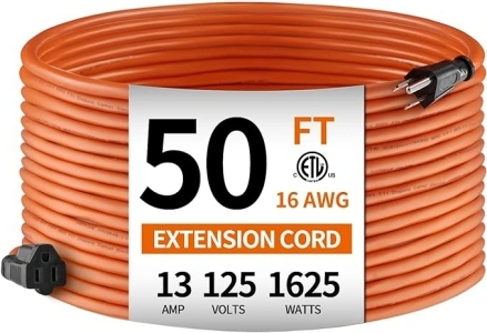 KTMC 50ft 16AWG Outdoor Extension Cord, Indoor/Outdoor 50-Foot SJTW 16/3 Gauge Extension Cable with Durable Weatherproof PVC Vinyl Jacket, 3-Prong Grounded Plug, ETL Certified 13A 1625W, Orange