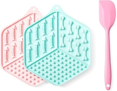 Lick Mat for Dogs,Cats Lick Mat with Strong Suction Cups,Food Grade Silicone Mat with Spatula，Dog Lick Mat Reduce Dog&Cats Anxiety and Boredom (Pink and Green,Hexagonal)