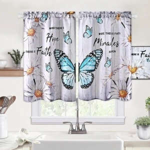 Likiyol Butterfly Kithchen Curtains Floral Daisy Tier Curtains, Farmhouse Gray Cafe Curtains, Rod Pocket Small Window Curtain for Cafe Bathroom Bedroom Drapes, 26 x 36 Inches (2 Panels)