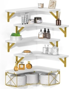 SALA Corner Shelves Wall Mounted, 5+1 Corner Shelf with Wire Storage Basket for Bathroom, White Wood Corner Floating Shelves, R-Angle Corner Shelving for Bedroom/Living Room/Laundry Room, Kitchen