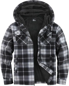 Mens Flannel Hoodie Jacket Fleece Lined Flannel Shirt Plaid Zip Up Sherpa Hooded Sweatshirt Warm Winter Coat