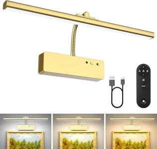 Picture Light with Remote, 15.35inch Wireless Rechargeable Battery Wall Light for Paintings, 3 Colors Paintings Light Dimmable and Timer Metal Art Light for Display, Wall, Artwork, Gallery (Gold)