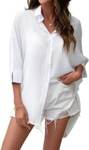 Zeagoo Women Cotton Linen Shirt Casual Button Down 3/4 Sleeve Blouses Casual Oversized Tops