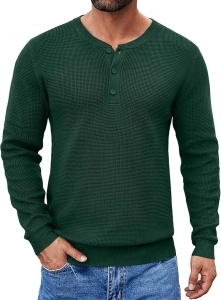 COOFANDY Men's Crewneck Lightweight Sweaters Waffle Texture Henley Knit Pullover Sweaters for Dressy Wear