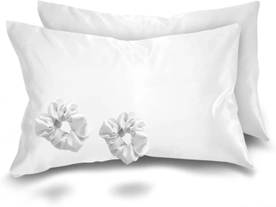 Alexandra's Secret Satin Bed Zippered Pillowcase with Scrunchies for Hair and Skin Pack of 2 Gift Set Luxury Soft and Cooling Sleep Silky Pillow Cases with Zipper (Standard, White)