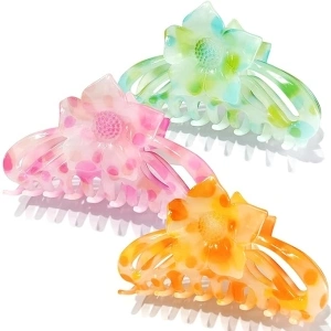 Flower Hair Claw Clips - 3PCS Big Clips for Women/Girls, Cute Nonslip Medium Colorful Hawaiian Flower Clips with Strong Hold for Thick/Thin Hair