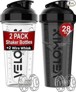 -2 Pack- 28 oz Protein Shaker Bottles for Protein Mixes - 2x Wire Whisk | Leak Proof Shaker Cups for Protein Shakes | Protein Shaker Bottle Pack | Shakers for Protein Shakes-Black&Transparent