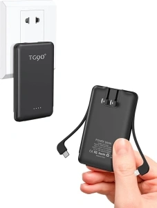 TG90° Power Bank Portable Phone Charger, 5000mAh Lightweight Battery Pack with Built-in AC Wall Plug and Cables, Ultra Mini Battery Charger Compatible with iPhone and Android Devices