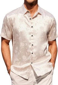 COOFANDY Men's Summer Jacquard Shirts Short Sleeve Silk Satin Casual Button Down Shirt Hawaiian Beach Tops