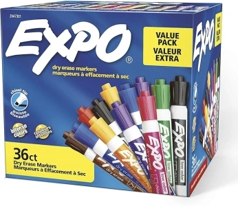 EXPO Chisel Tip Dry Erase Markers, Low-Odor Assorted Colors, Pack of 36 - Ideal for Classrooms, Offices, and Homes