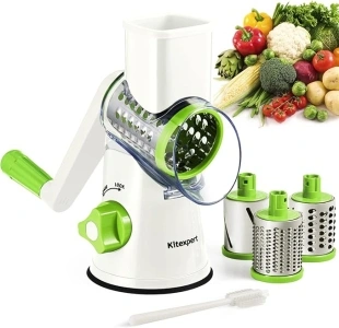 KITEXPERT Cheese Grater with Handle, Manual Cheese Shredder with 3 Interchangeable Blades, Rotary Cheese Grater Handheld with Strong Suction Base, Vegetable Slicer for Fruit, Nuts, Chocolate(White)