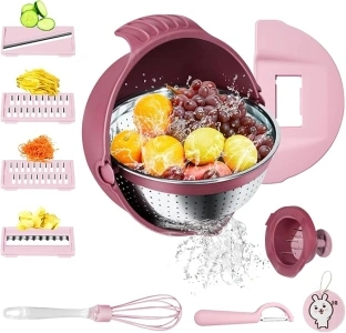 4 in 1 Colander with Mixing Bowl Set - 2024 New Colanders & Food Strainers for Kitchen with Cutter Graters/Whisk/Peeler/Dishes Sponge, Stainless Steel Fruit Veg Pasta Cleaner Strainer (Rose Red)