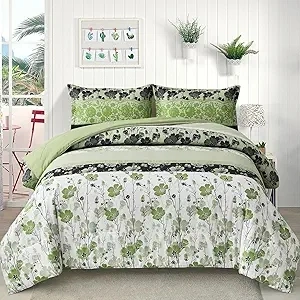 Menghomeus Green Floral Comforter Set King - Boho Patchwork Bedding Set Soft Microfiber Bed Set Lightweight Vintage Bed Comforter Set for All Season 3 Piece (1 Comforter, 2 Pillowcases)