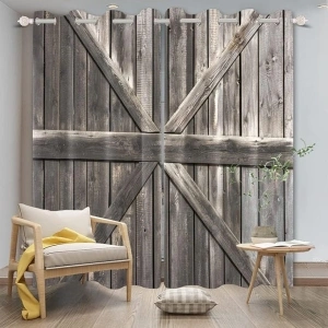 Rustic Barn Door Window Curtains Farmhouse Grey Wooden Door Garage Door Blackout Window Treatment for Living Room Bedroom Rural Farm Style Room Darkening Window Drapes,53x72 inch,2 Panels