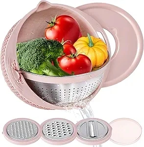 4-1 Colander with Mixing Bowl Set - Strainers for Kitchen, Food Strainers and Colanders,Pasta Rice Strainer, Fruit and Veggie Washer, Salad Spinner, Kitchen Essentials Strainer Basket Bowl(Pink)