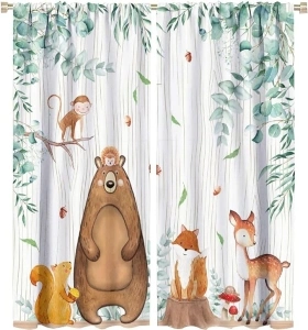 Forest Animal Curtains for Kids, Wildlife Safari Jungle Bear Window Treatments Woodland Animal Fox Deer Squirrel Farmhouse Blackout Window Drapes for Girls Boys Nursery Bedroom Living Room 42x45in