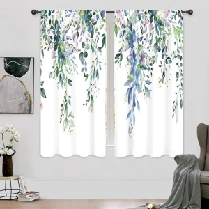 Riyidecor Eucalyptus Leaves Curtains Rustic Green Blue Floral Flower Farmhouse Watercolor Botanical Plant Spring Nature Rod Pocket Country Bedroom Living Room Treatment Fabric 2 Panels 42Wx63H Inch