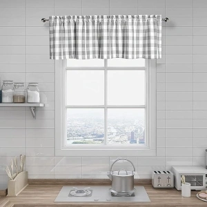 Amzdecor Buffalo Plaid Valance Linen Sheer Cafe Curtain Buffalo Check Plaid Rod Pocket Rustic Kitchen Window Treatment for Living Room Bedroom,1 Panel, 55''x15'', Sliver/Gray