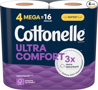 Cottonelle Ultra Comfort Soft Toilet Paper, 4 Mega Rolls (4 Mega Rolls = 16 Regular Rolls), 244 Sheets Per Roll