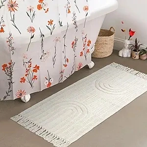 Lanffia Boho Kitchen Runner Rug, 2' x 4.3' Beige Tufted Woven Washable Rug, Farmhouse Cotton Throw Rugs with Tassel Modern Rainbow Bathroom Rug Hallway Carpet for Foyer Bedroom Entry Back Door Decor