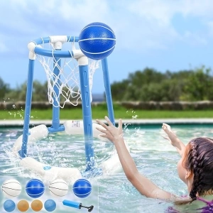 Pool Basketball Hoop Poolside with backbroad, Floating Basketball Hoop for Pool with 4 Basketballs/ 4 Water Balloons/Pump, Outdoor & Indoor Basketball Hoop for Kids and Adults, Blue