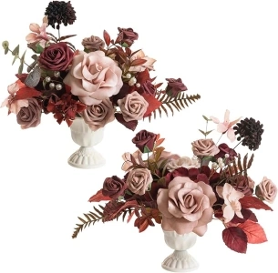 Ling's Moment Burgundy & Dusty Rose Artificial Flowers with Vase Wedding Decor Centerpiece Flower Potted for Ceremony Reception Tabletop Desk Flowers Mantel Archway Aisle, Set of 2