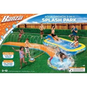 Banzai Aqua Drench 3-in-1 Splash Park w/ Pool, Sprinkler & Waterslide, Child Water Fun, Age 3-12