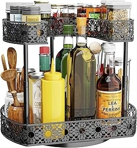 Spice Rack 2 Tier Lazy Susan Turntable Organizer for Cabinet Height Adjustable Spice Organizer with Non Slip Pad for Pantry Kitchen Countertop Cupboard Rotating Spice Spinner Black