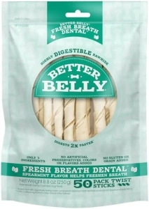 Better Belly Fresh Breath Dental Twist Sticks, 50 Count, Highly Digestible Rawhide for Dogs