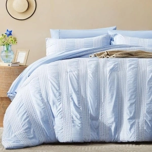 GRT King Size Comforter Set 7 Pieces, Blue Cationic Dyeing Bed in a Bag King, Lightweight Striped Seersucker Bedding Set for All Seasons with Comforter, Flat Sheet, Fitted Sheet, Pillowcases & Shams