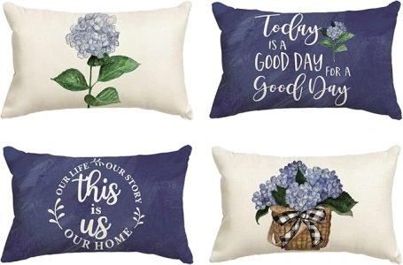 AVOIN colorlife Blue Hydrangea Spring Summer Throw Pillow Covers, 12 x 20 Inch Today is A Good Day Dark Blue Cushion Case Decoration for Sofa Couch Set of 4, Bule