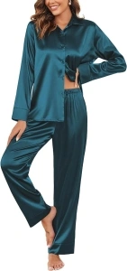 Ekouaer Classic Satin Pajamas for Women Long Sleeve Button Down Sleepwear Soft Silk Loungewear Pjs Set S-XXL