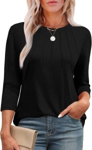 XIEERDUO 3/4 Length Sleeve Womens Tops Round Neck Casual Tunic Tops Basic Pleated Shirts Loose Fit 2024