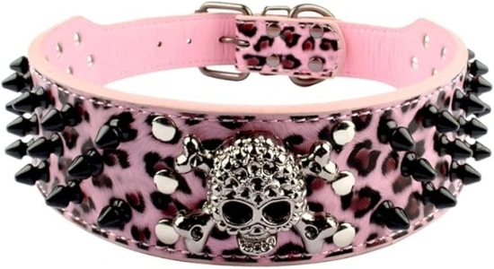 Berry Pet Spiked Leather Dog Collar - 3 Rows Bullet Rivets Studded PU Leather - Cool Skull Pet Accessories Best Choice for Medium and Large Dogs,Pink Leopard 15-18