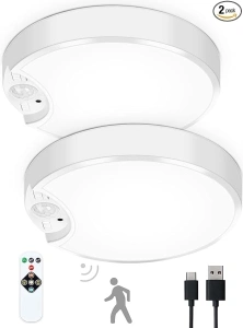 Motion Sensor Ceiling Light, 2 Pack Rechargeable Battery Powered LED Ceiling Light Indoor/Outdoor, 3-in-1 Color Temperatures, Closet Light for Bathroom Closet Stairs Porch Hallway Pantry Wall