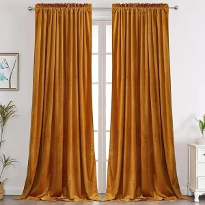 Benedeco Yellow Velvet Curtains for Bedroom Window, Super Soft Luxury Drapes, Room Darkening Thermal Insulated Rod Pocket Curtain for Living Room, W52 by L63 inches, 2 Panels