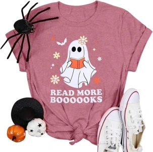 MOUSYA Halloween Teacher Shirts for Women Read More Books Halloween Shirt Ghost Teacher T-Shirt Halloween Party Tee Tops