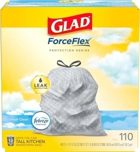 Glad Trash Bags, ForceFlex Tall Kitchen Drawstring Garbage Bags, 13 Gal, Fresh Clean Scent with Febreze, 110 Ct (Packaging May Vary)