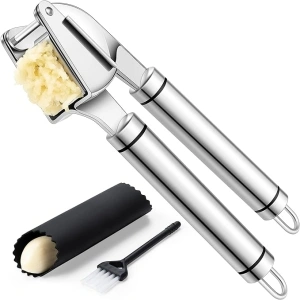 Rainspire Premium Garlic Press Stainless Steel, Garlic Mincer Tool, Garlic Crusher Tool, Garlic Smasher Garlic Masher Includes Silicone Garlic Peeler & Cleaning Brush, Dishwasher Safe, Silver