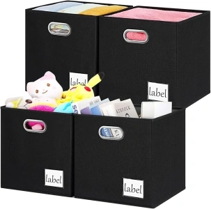 13x13x13 Storage Cube Bins (Set of 4), Fabric Cubes Storage Bin with Metal Handles and Label, Collapsible Cube Storage Organizer Bins for Home, Office, Closet, Shelves, Nursery（Black）