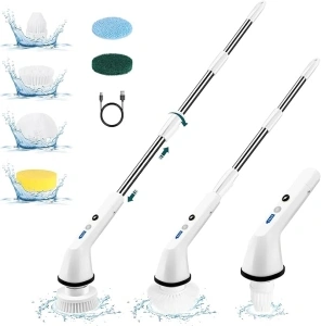 Electric Spin Scrubber, 2 Modes Speed Shower Scrubber up to 400 RPM, Cordless Cleaning Brush with 6 Replaceable Brush Heads and Adjustable Extension Handle for Bathroom, Car, Floor