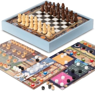 16-in-1 Combo Game Set, w/Chess, Checkers, Backgammon, Chinese Chess, Pachinko, Snakes and Ladders, Game of The Goose, Fox and Geese, Gomoku, Tic-Tac-Toe, Nine/Three Men's Morris