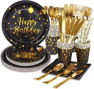 200PCS Birthday Party Decorations Black Birthday Plates and Napkins Party Supplies Plate, Cups, Spoons, Fork, Napkins. for Black and Gold Party Decorations