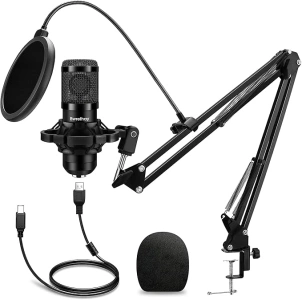 USB Microphone,Professional Microphone 192kHz/24Bit Plug & Play PC Computer Condenser Cardioid Mic Kit with Adjustable Boom Arm Stand Shock Mount,for Podcast,Streaming,StudioRecording, Black