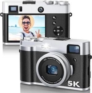 5K Digital Camera for Photography and Video Autofocus 48MP Vlogging Selfie Camera Anti-Shake with Flash Viewfinder Dial, 16X Digital Zoom Compact Video Camera for Travel with 32GB Card, 2 Batteries